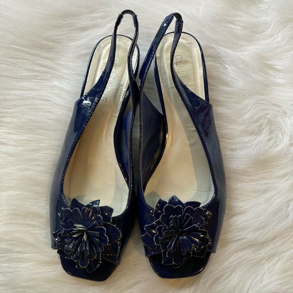 Classique Heels Sz 8.5 Small Wedge Blue Slingback Flower Summer Spring Womens